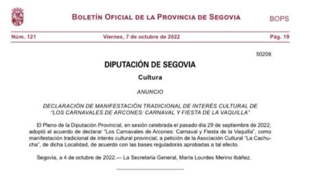 Imagen DECLARACION DE MANIFESTACIÓN TRADICIONAL DE INTERÉS CULTURAL DE 'LOS CARNAVALES DE ARCONES': CARNAVAL Y FIESTA DE LA VAQUILLA